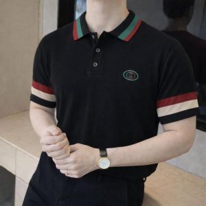 Gucc Black Imported knitted Premium Collar Neck Polo T-shirt F3440-BL