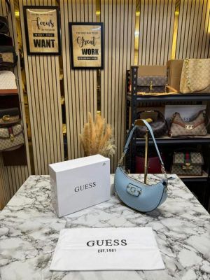 Guess Nastra Top Zip Shoulder Bag With Box And Dust Bag (Blue)