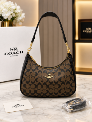 Coacch Teri Hobo Large Coffee Black Shoulder Bag With OG Box & Dust Cover 8006 Canvas Coffee Black