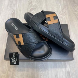 Herme.s Criss-Cross Strap Premium Leather Black Slides