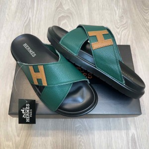 Herme.s Criss-Cross Strap Premium Leather Green Slides