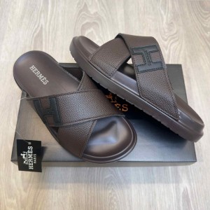 Herme.s Criss-Cross Strap Premium Leather Brown Slides