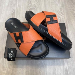 Herme.s Criss-Cross Strap Premium Leather Orange Slides
