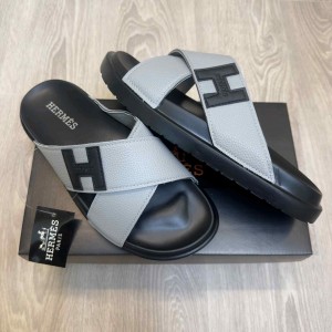 Herme.s Criss-Cross Strap Premium Leather Grey Slides