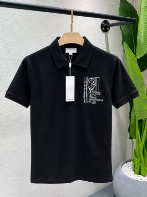 Lacost Black Premium Cotton Pique fabric Polo Tshirt with Front Design and Embroidered Logo 4514