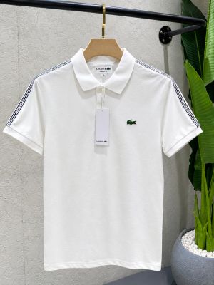 Lacost White Premium Cotton Lycra Pique fabric Polo Tshirt with Shoulder Design and Embroidery Logo 4367