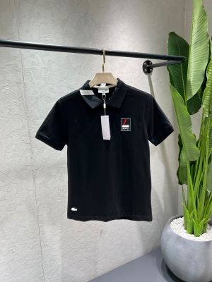 Lacost Black Premium Cotton Pique fabric Polo Tshirt with Collar Design and Emboss Logo 4516