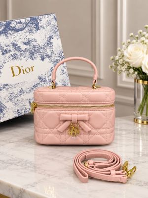 Christian Dioor Mini Vanity Pink Lambskin Classic Cannage Stitching Leather Bow With OG Box Dust Cover & Carry Bag 2888 Pink