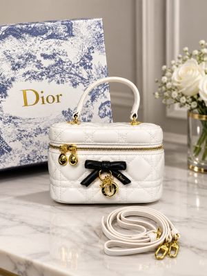Christian Dioor Mini Vanity White Black Lambskin Classic Cannage Stitching Leather Bow With OG Box Dust Cover & Carry Bag 2888 White Black
