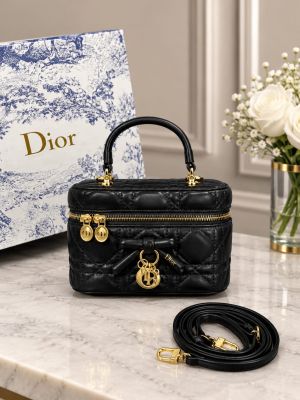 Christian Dioor Mini Vanity Black Lambskin Classic Cannage Stitching Leather Bow With OG Box Dust Cover & Carry Bag 2888 Black