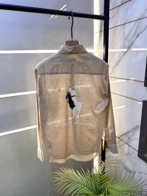 Ralp_Lauren Linen Beige Print White Embroidery Logo Premium Shirt F4020-BE