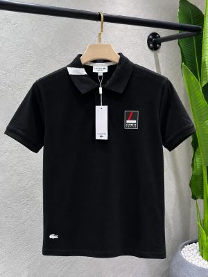 Lacost Black Premium Cotton Pique fabric Polo Tshirt with Collar Design and Emboss Logo 4516