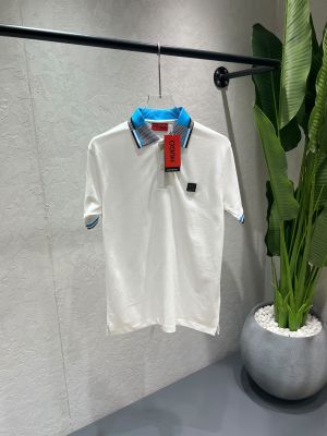 Hugo Bos White Premium Cotton Matty Fabric Tshirt with Collar Design and Patch Logo 4559