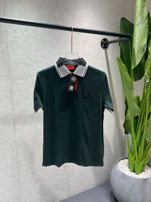 Hugo Bos Green Premium Cotton Matty Fabric Tshirt with Collar Design and Patch Logo 4561