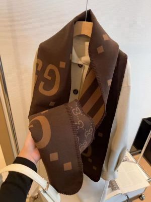 Guccci GG Monogram Brown Wool Scarf With OG Box & Carry Bag
