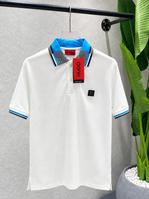 Hugo Bos White Premium Cotton Matty Fabric Tshirt with Collar Design and Patch Logo 4559