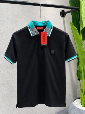 Hugo Bos Black Premium Cotton Matty Fabric Tshirt with Collar Design and Patch Logo 4560