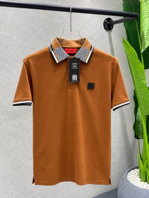 Hugo Bos Brown Premium Cotton Matty Fabric Tshirt with Collar Design and Patch Logo 4562