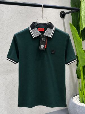 Hugo Bos Green Premium Cotton Matty Fabric Tshirt with Collar Design and Patch Logo 4561