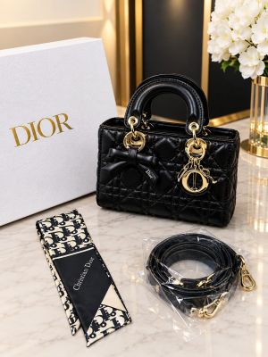 Dioor Lady Cannage Quilted Top Handle Handbag With Gold Charms Twilly Scarf & Shoulder Strap With OG Box & Carry Bag M8688 Black