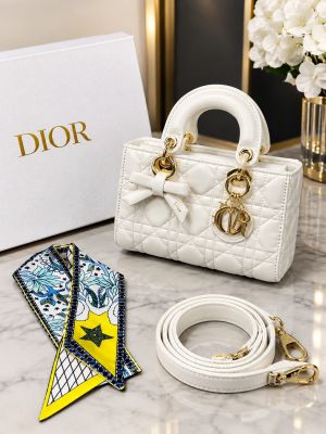Dioor Lady Cannage Quilted Top Handle Handbag With Gold Charms Twilly Scarf & Shoulder Strap With OG Box & Carry Bag M8688 White
