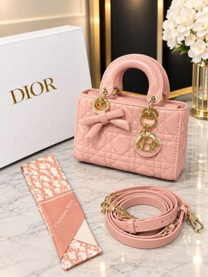 Dioor Lady Cannage Quilted Top Handle Handbag With Gold Charms Twilly Scarf & Shoulder Strap With OG Box & Carry Bag M8688 Pink
