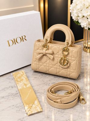 Dioor Lady Cannage Quilted Top Handle Handbag With Gold Charms Twilly Scarf & Shoulder Strap With OG Box & Carry Bag M8688 Milk Tea Apricot