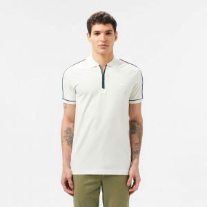 Lacost White Premium Cotton Pique fabric Polo Tshirt with Shoulder Strip Design and Embroidered Logo Zip Style 3270