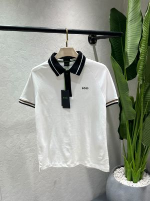 Hugo Bos White Premium Imported 240 GSM Interlock Lycra Fabric Polo Tshirt with Collar Design and Emboss Logo 4568