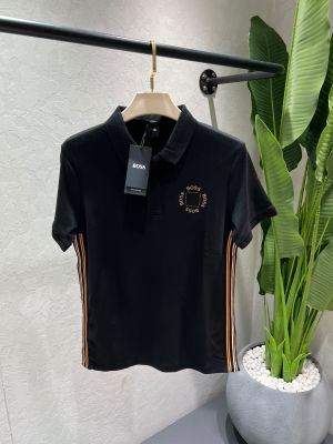 Hugo Bos Black Premium Imported 240 GSM Interlock Lycra Fabric Polo Tshirt with Side Design and Emboss Logo 4569