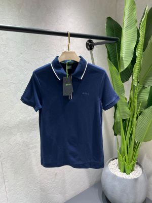 Hugo Bos Navy Premium Imported 240 GSM Interlock Lycra Fabric Polo Tshirt with Collar Design and Emboss Logo Zip Style 4567