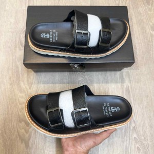 Bru Style Luxury Double Buckle Leather Strap Premium Black Slides