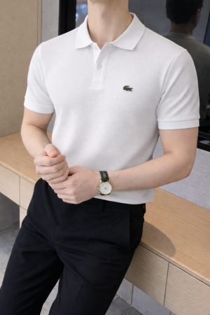Lacost Imported knitted Super Premium White Collar Neck Polo T-shirt F3466-WH