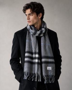 Burberrry Grey Checkered Winter Scarf With Fringes With Polythene