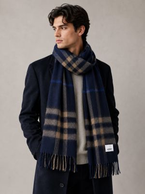 Burberrry Navy Blue Checkered Winter Scarf With Fringes With Polythene