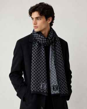 Louiis Vuittoon Black & Grey Damier Checkered Winter Scarf With Fringes With Polythene