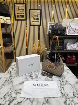 Guess Signature Logo Printed Monogram Hobo Shoulder Bag With Box And Dust Ba (apricot)