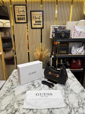 Guess Signature Logo Printed Monogram Hobo Shoulder Bag With Box And Dust Bag (Brown)