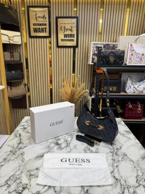 Guess Signature Logo Printed Monogram Hobo Shoulder Bag With Box And Dust Bag (Grey)