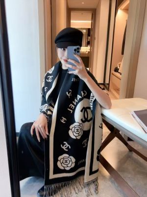 Chaneel CC Camellia Logo Black & White Jacquard Scarf With Polythene