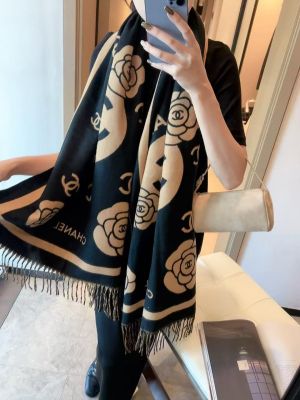 Chaneel CC Camellia Black & Beige Jacquard Fringe Scarf With Polythene