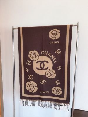 Chaneel CC Camellia Brown & Beige Jacquard Fringe Scarf With Polythene