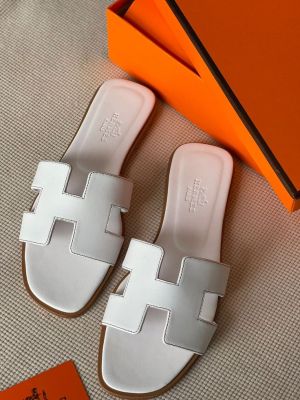 Hermees Paris Oran White Flats For Her With OG Box & Carry Bag Slide White