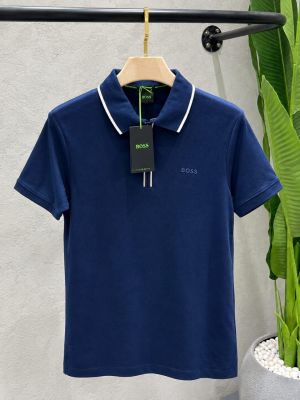 Hugo Bos Navy Premium Imported 240 GSM Interlock Lycra Fabric Polo Tshirt with Collar Design and Emboss Logo Zip Style 4567