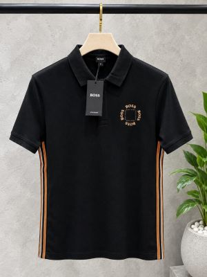 Hugo Bos Black Premium Imported 240 GSM Interlock Lycra Fabric Polo Tshirt with Side Design and Emboss Logo 4569
