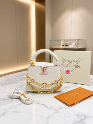 Louiis Vuitton Capucines Mini Small White Pink Charm Chain OG Single Box With Dust Bag & Carry Bag 98177-6 White