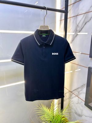 Hug Boss Navy Embossed Logo Print Premium Collar Neck Polo T-shirt F1691-NY