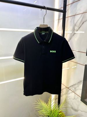 Hug Boss Black Embossed Logo Print Premium Collar Neck Polo T-shirt F1691-BL