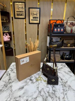 Coac Teri Combo Shoulder Bag In Signature Coffee Canvas Including Box (6675)