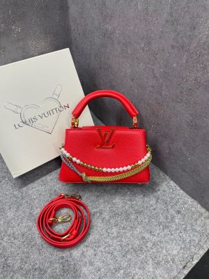 Louiis Vuitton Capucines Red Leather Top Handle Shoulder Bag With Pearl & Gold Chain LV Logo Detachable Strap With OG Box Dust Cover & Carry Bag